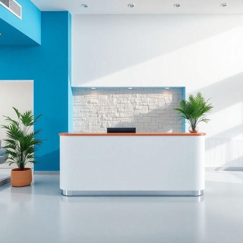 Svijetla recepcija u modernom uredu s azurnim akcentom i kamenom teksturom zida